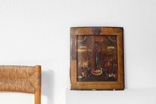 Icona religiosa tradizionale del XIX secolo in legno di quercia Madre di Dio, gioia di tutti i dolenti