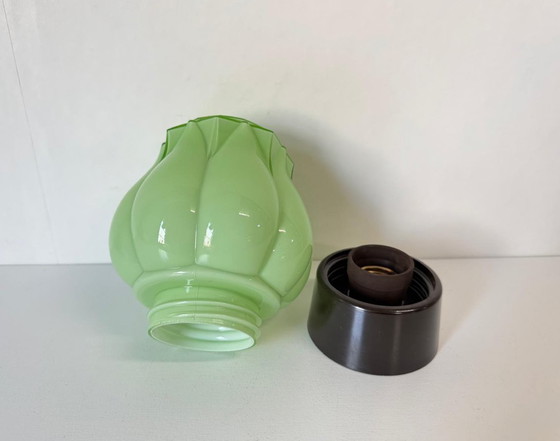 Image 1 of Beautiful Vintage Thabur Lamp 'Tulip in Bloom' Green with Bakelite Fixture