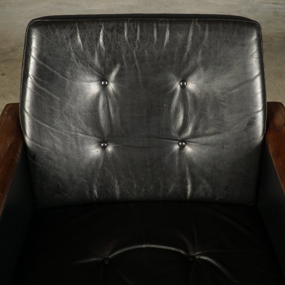 Image 1 of Vintage zwart lederen fauteuil – jaren 60