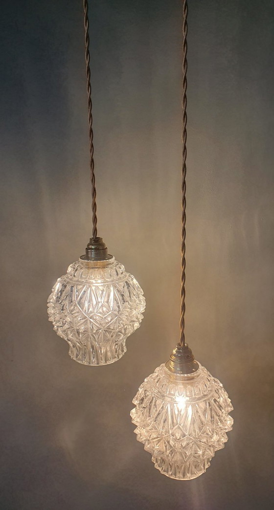 Image 1 of Set van 2 Vintage getextureerde bollampen - hanglampen - midcentury design. 