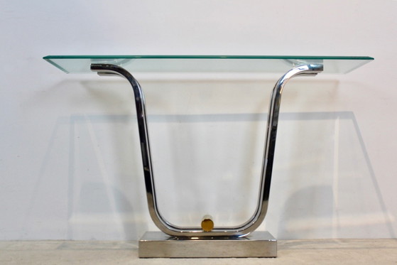 Console Minimaliste Courbée en Acier Inoxydable, Laiton et Verre, Doré (photo 10 sur 12)