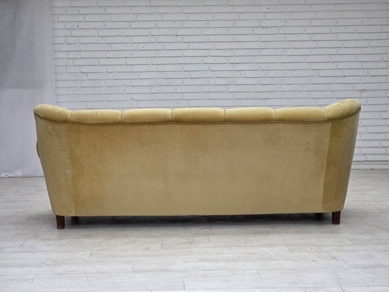 1960s, Danish 3-seater sofa, light green furniture velour., 3-5 seaters, Velvet, Wood, Vintage (photo 6 of 15)
