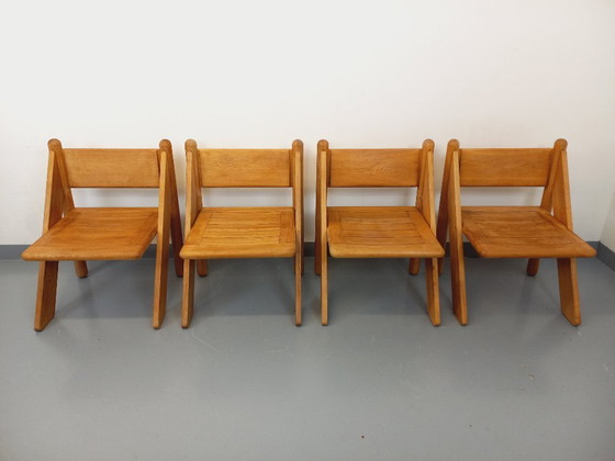 Image 1 of Exceptional suite of a large rectangular table and 4 vintage Brutalist chairs in solid oak from the 60s