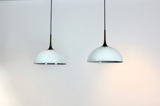 Pair of Brass and White-Opal Glass Pendant Lights by Florian Schulz, Pendant lamps (photo 5 of 11)