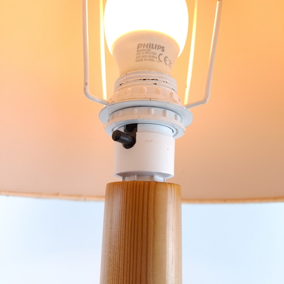 Vintage Table Lamp Mid Century Modern Design 1970s – Wood, Canvas (photo 5 of 7)