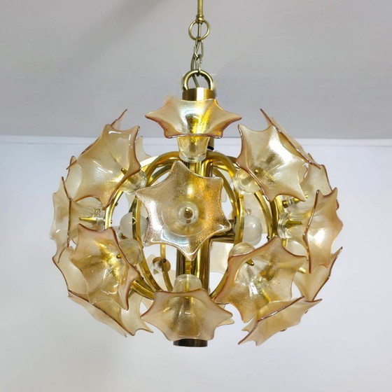 Image 1 of Lampe sphérique Sische avec fleurs de Murano couleur orange/cuivre années 60