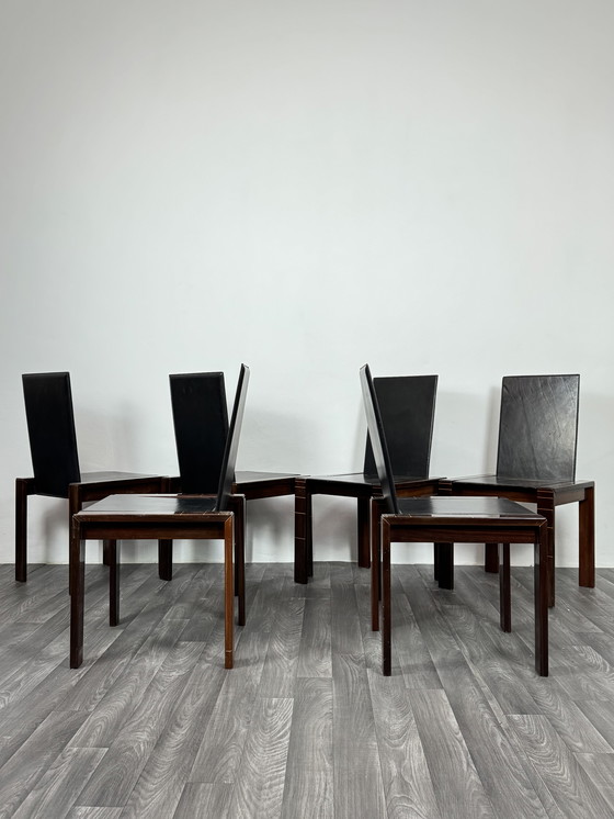 Image 1 of Ensemble de 6 chaises de salle à manger en palissandre de style Mid-Century, inspirées des créations d'Afra et Tobia Scarpa.