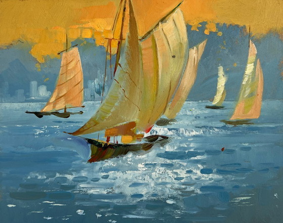 Image 1 of Original Oil Painting Evening Sea Landscape Sunset colors in the sea