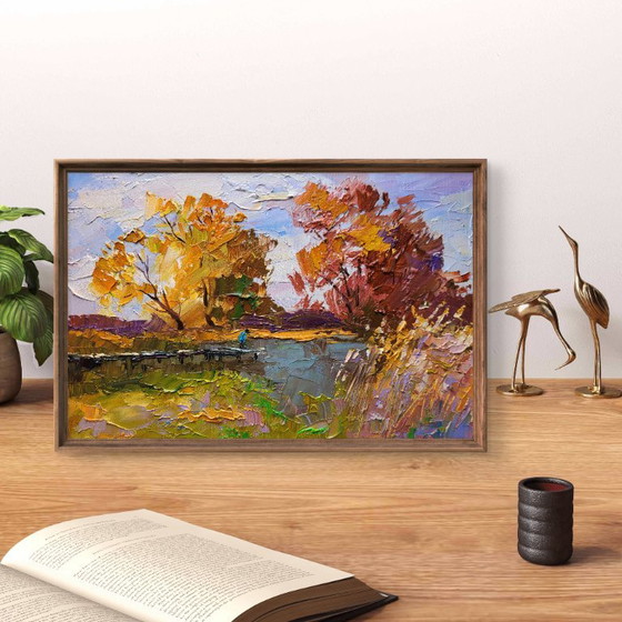 Original Oil Painting Nature Landscape On The Autumn River – Paintings & Drawings, Canvas (photo 3 of 7)