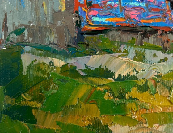 Image 1 of Peinture à l'huile originale, paysage de village d'été. Le soir est arrivé.