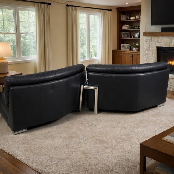 Image 1 of Artanova — “Medea” Modular Corner Sofa (2 Modules) — Black Leather — 1990s — Swiss Modern Lounge Statement