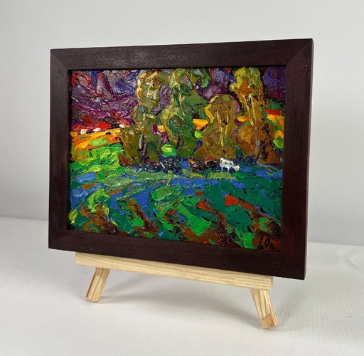 Original Oil Painting Summer Field Landscape The sky is preparing lightning