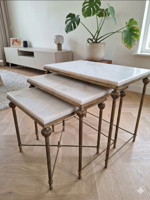 Zeldzame 4-Delige Hollywood Regency Set met Intacte Onyx Marmeren Bladen (1970s)