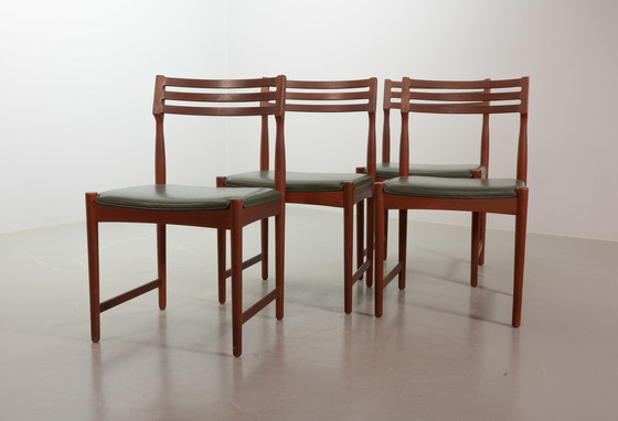 Image 1 of Bovenkamp Vintage Design Teak Wooden Dining Chairs with Racing Green Leather Seatings by Severin Hansen. Set of 4. Denmark, 1960