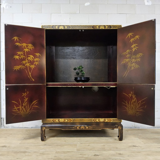 Vintage Chinese cabinet red and gold birds and flowers bohemian / oriental cabinet / Asian cabinet