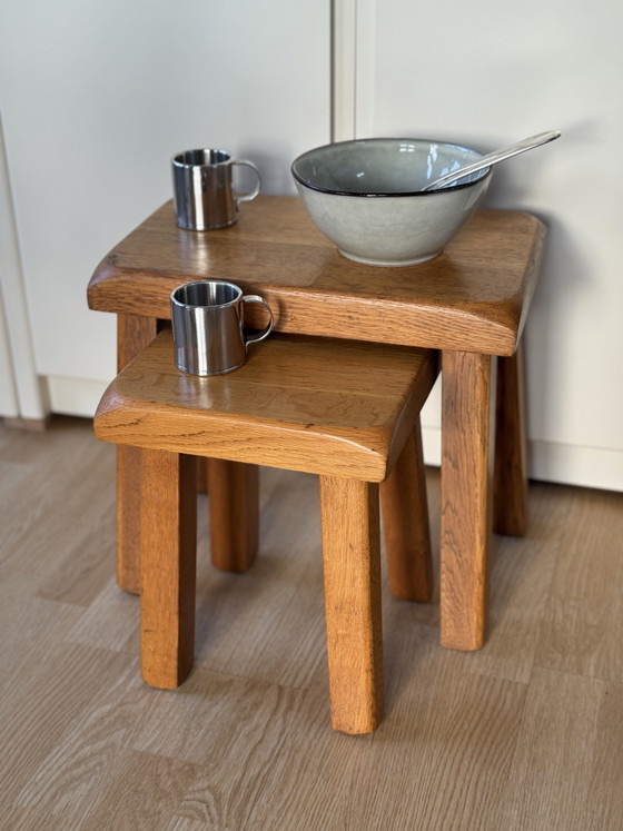 Image 1 of Vintage Brutalist Solid Oak Nesting Side Tables 70s