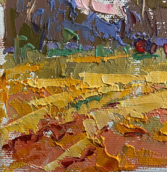 Image 1 of Original Oil Painting Evening Field Landscape Summer meadows and forest