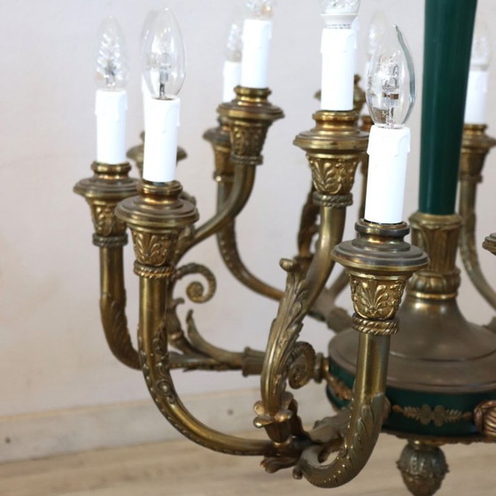 Chandelier in Gilded Bronze and Green Lacquered Metal 18 Bulbs, Italy Early 20th Century (photo 6 of 18)