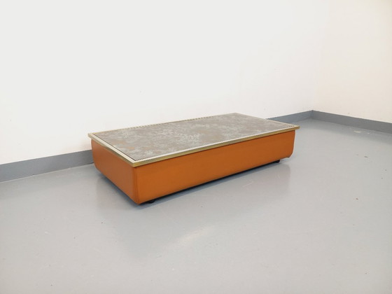 Image 1 of Tavolino vintage in vetro eglomato, cromo e pelle degli anni '70