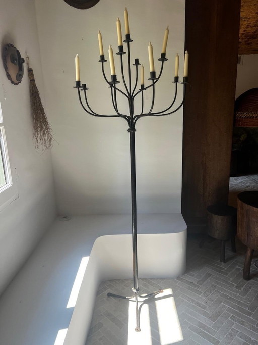 Thirteen-light wrought iron floor chandelier, 20th-century French folk art