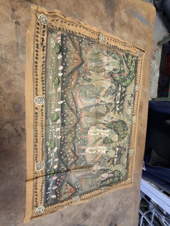 Vintage Pichwai Wall Hanging - 54x75 cm - Hand-painted - India, Wall decoration, Cotton, Beige (photo 2 of 5)