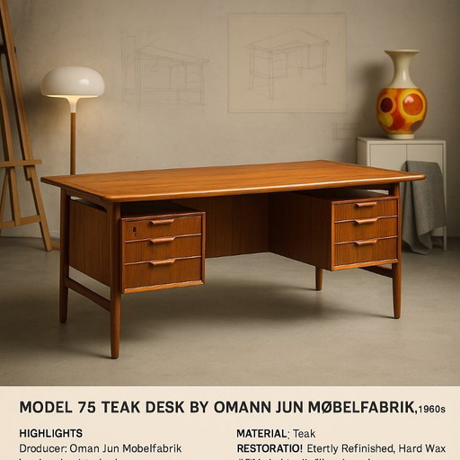 Scrivania modello 75 in teak di Omann Jun Møbelfabrik, anni '60