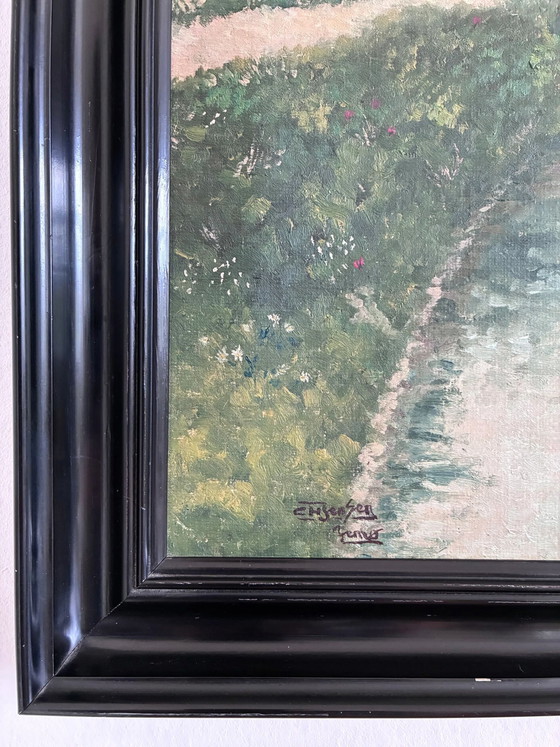 Image 1 of Peinture à l'huile originale vintage représentant un paysage, signée, œuvre d'art de ferme