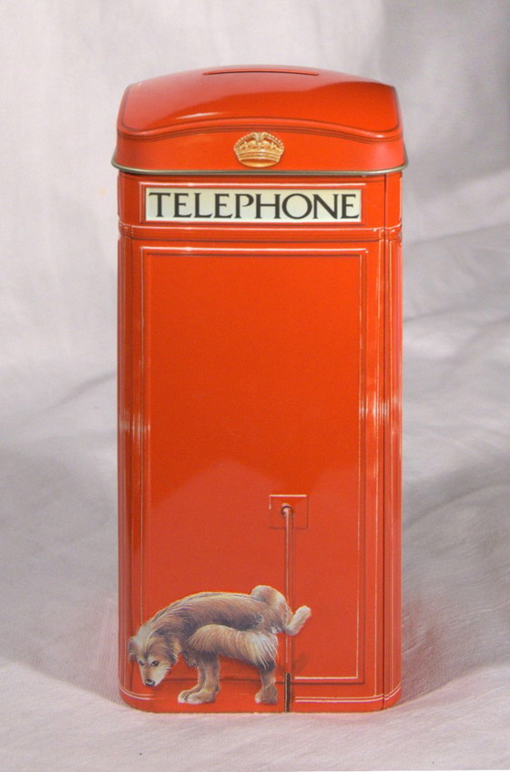 Metal money box in the shape of an English telephone box, formerly a Churchill's Jelly Beans candy tin, (photo 3 of 6)