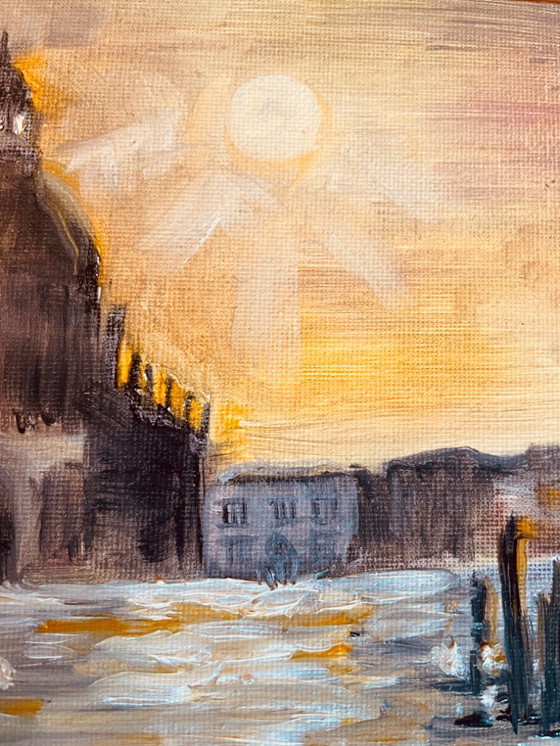 Image 1 of Signed oil painting on canvas, Venice landscape "Santa Maria" at sunset