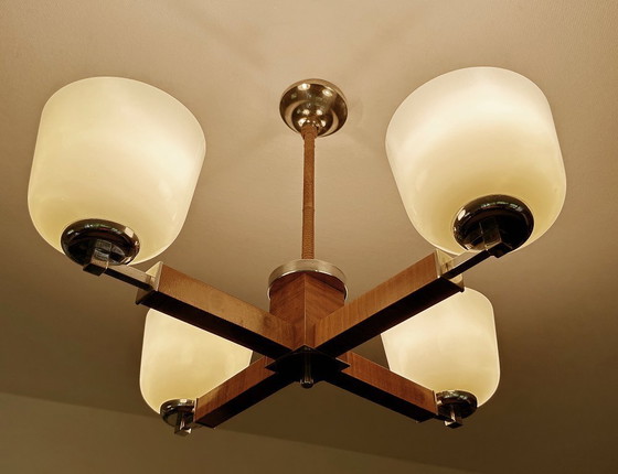 Image 1 of Lampe pendante Art Déco en bois et verre chromé