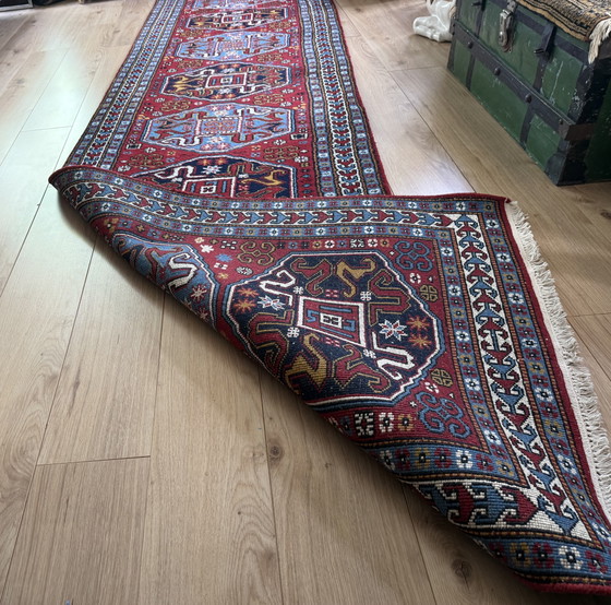 Image 1 of Chemin de table Kazak vintage noué à la main – 414 × 98 cm – années 1970