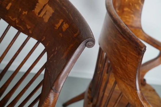 Image 1 of Coppia di sedie da scrivania inglesi in rovere edoardiano con schienali a doghe