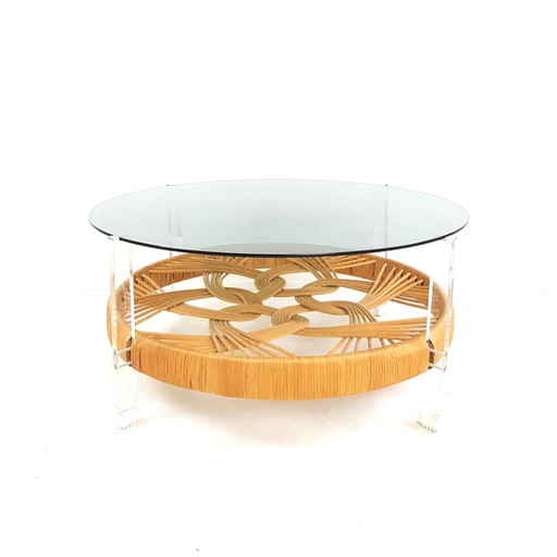 Table basse vintage | table basse verre fumé rotin
