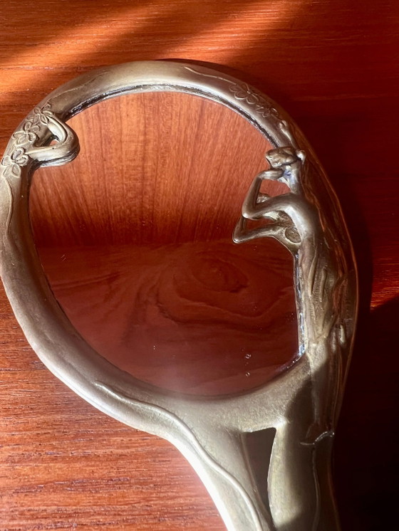 Originele Art Nouveau Messing Handspiegel circa 1915 – Velvet, Brass (photo 4 of 6)