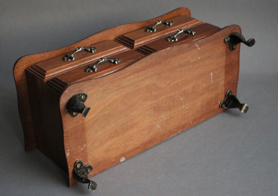 Image 1 of Vintage houten sieradendoos op metalen pootjes, massief hout, met 1 lade