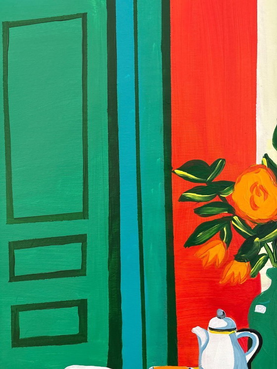 Image 1 of Pintura acrílica del artista E. García "El mantel amarillo" 100x70 cm
