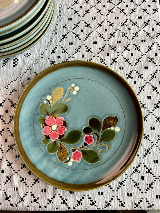 Vintage Sugar Bowl, 8 Large Dinner Plates, SMF Schramberg Garmisch, Majolica, Hand-painted, Kiln-fired 1970 (photo 7 of 9)