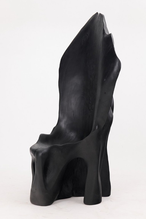 Fauteuil trône en bois noir carbonisé aux formes organiques par Logniture
