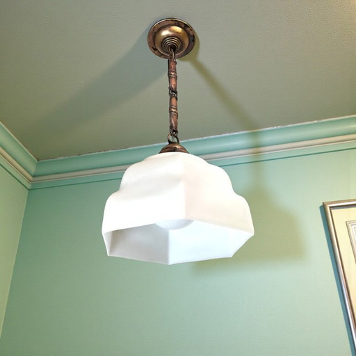 Art Deco hanglamp van wit opaalglas, jaren 1940