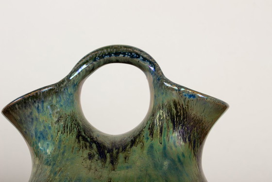 Image 1 of Vase Double Col de Style Art-Déco en Grés Flammé de Couleur Vert Irisé par Alphonse Cytère 1920