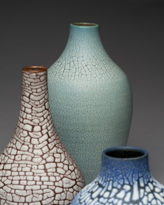 Image 1 of ALBERT KIESSLING "SNAKESKIN" Vase TRIO East German Pottery REDUKTIONSGLASUR GDR