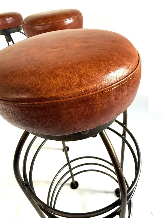 Image 1 of 8x vintage bar stool, wrought iron & leather '80s