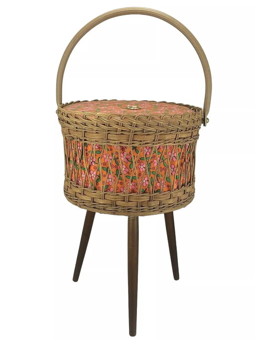 Boîte à couture des années 70 Panier à couture Utensilio Bois tressé Space Age Mid Century Design