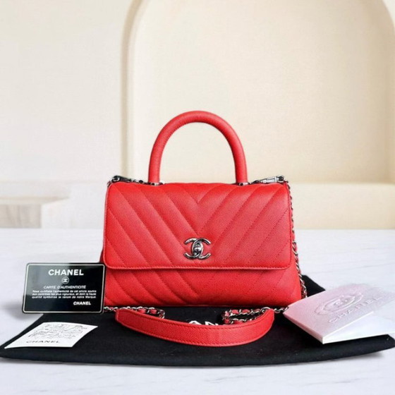 Image 1 of Chanel Caviar Small Coco Handle Chevron Calfskin Light Red Silver Hardware Series 28