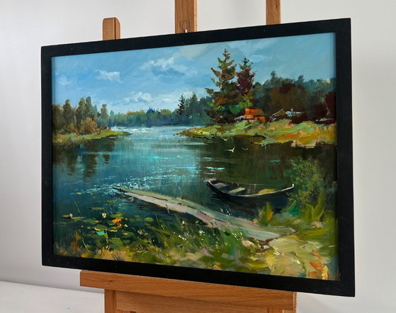 Image 1 of Original Oil Painting Summer Coastal Landscape A lonely boat by the river