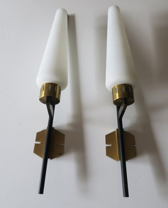 Image 1 of Pair of Brass and Opaline Glass Wall Lights, Stilnovo Period, Italy 1940s-50s
