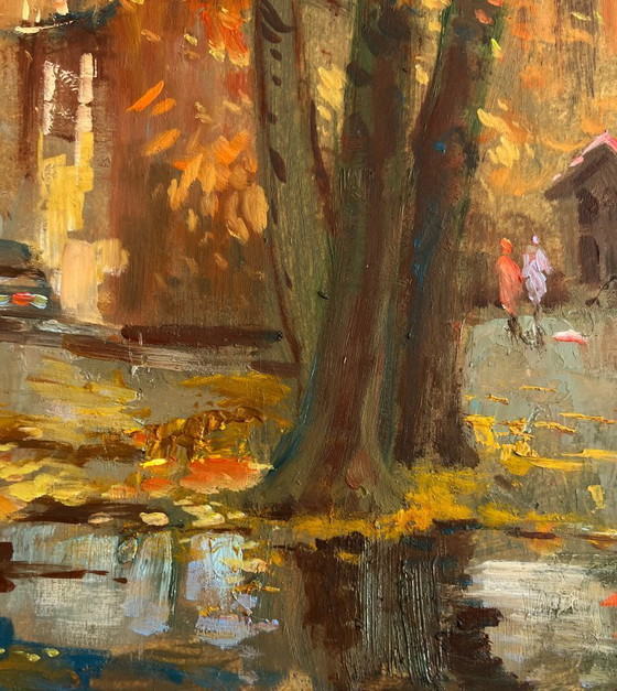 Image 1 of Original Oil Painting Autumn City Landscape Streets in autumn leaves