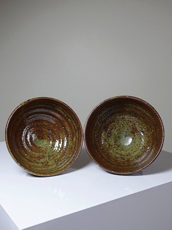 Image 1 of Pair of vintage pyrity stoneware footed bowls in the Baudat La Borne style from the 60s and 70s
