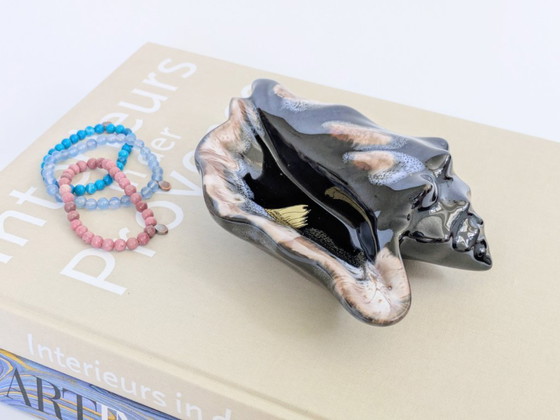 Image 1 of 1960s Vallauris Style Seashell Dish, Midcentury Fat Lava Glaze, Black and Blue