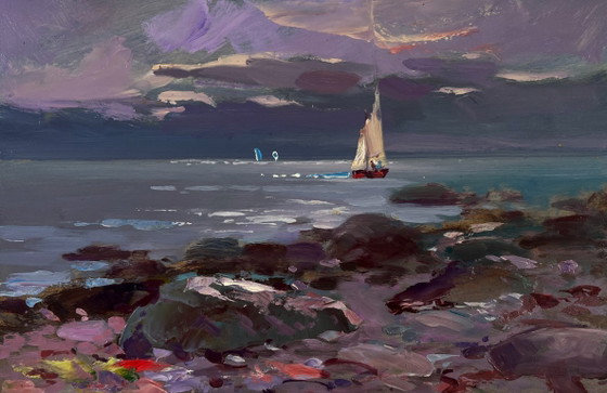 Image 1 of Original Oil Painting Evening Coastal Landscape Sailboat Over Blue Waves